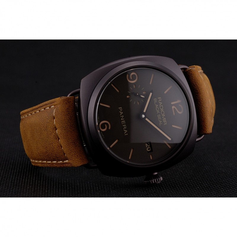 Swiss Panerai Radiomir Black Seal Brown Dial Black Case Brown Leather Strap Replica Watches