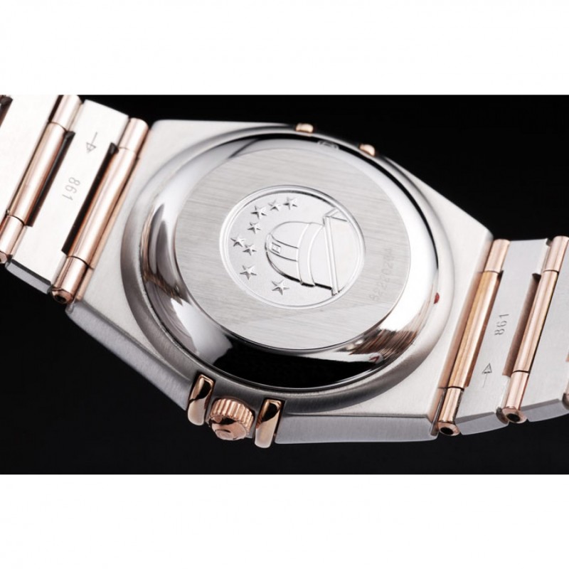 Réplicas de relojes Omega Swiss Constellation con caja de oro rosa y esfera blanca radial