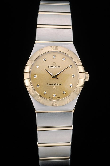 Swiss Lady Omega Constellation Golden Dial Stainless Steel Bracelet 80292