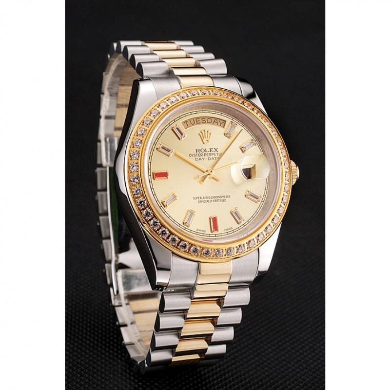 Swiss Rolex Day-Date Diamonds And Rubies Champagne Dial Two Tone Bracelet 1454104 Replica Watches