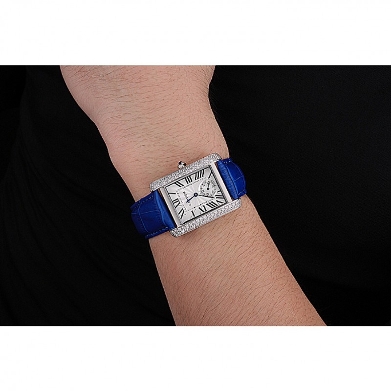 Cartier Tank MC Stainless Steel Diamond Case White Dial Blue Leather Strap 622172 Replica Watches