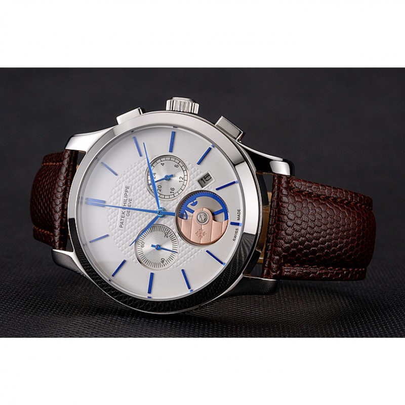 Patek Philippe Chronograph White Dial Blue Hands Stainless Steel Case Brown Leather Strap Replica Watches